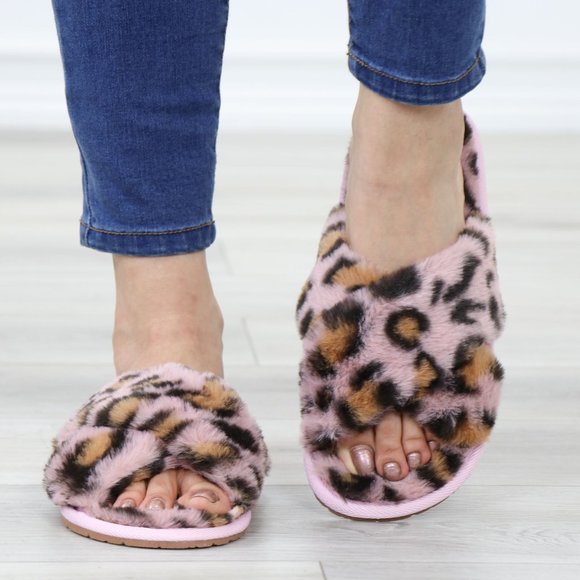 Shoes - Cross Strap Leopard Blush Pink Puff Fuzzy  Fluffy Slip On Plush Slippers